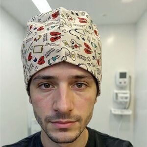 Medical Scrub Cap with Healthcare Print - Cream Base, Red & Blue Accents